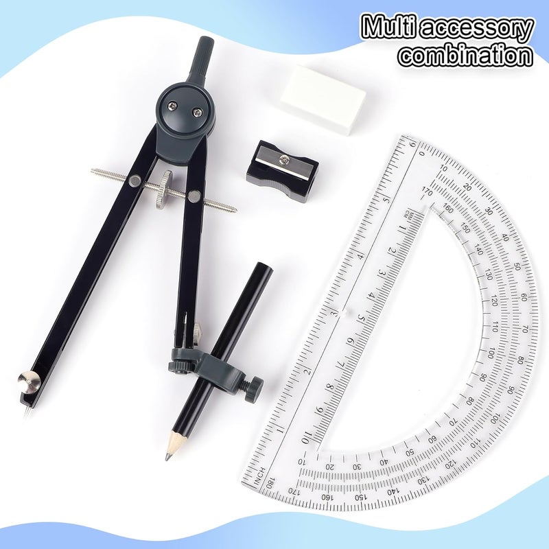 Unjoo Professional Compass for Geometry Set, Metal Compass with Wheel and Lock for Geometry, Drawing Compass Tool, Circle Drafting Tool, and 6 Inch Math Protractors 180 Degree (Black) - Image 3